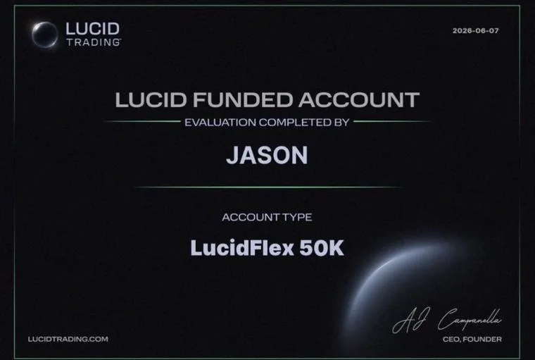Certificat Funded Account Lucid Trading, 7 juin 2026