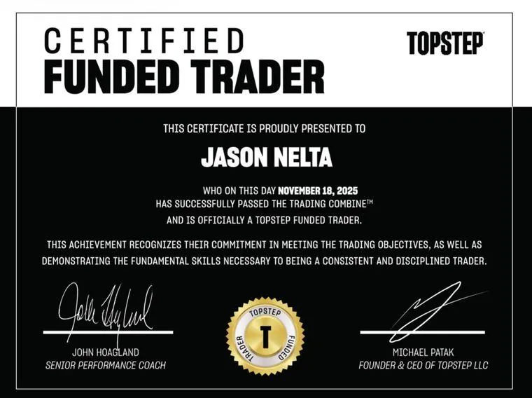 Certificat Funded Trader Topstep, 18 novembre 2025